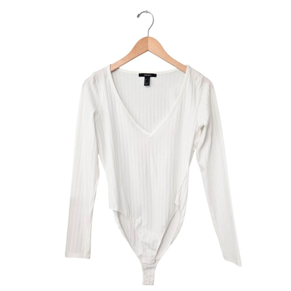 White Long Sleeves Body Suite Low V Neck Size S